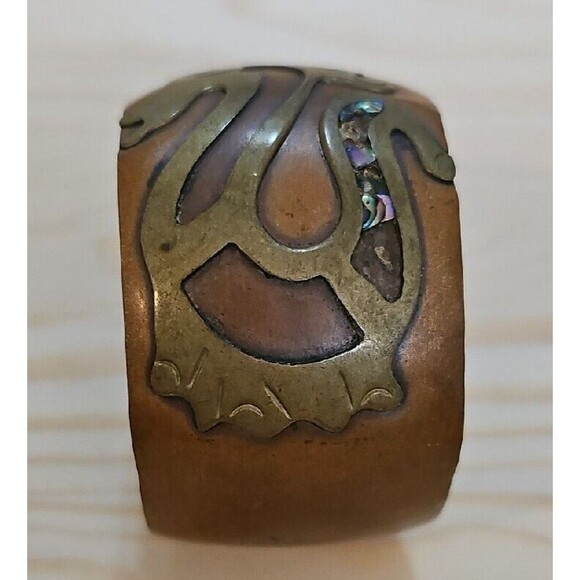 Vintage Handmade Seahorse Cuff Bracelet Copper Brass Abalone Shell Inlay Aztec - Picture 2 of 9